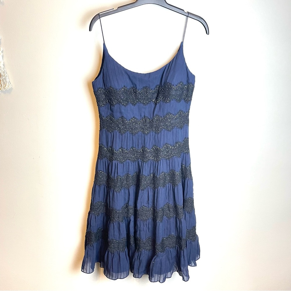 Carmen Marc Valvo Blue & Black Silk Lace Cocktail Dress Size 6